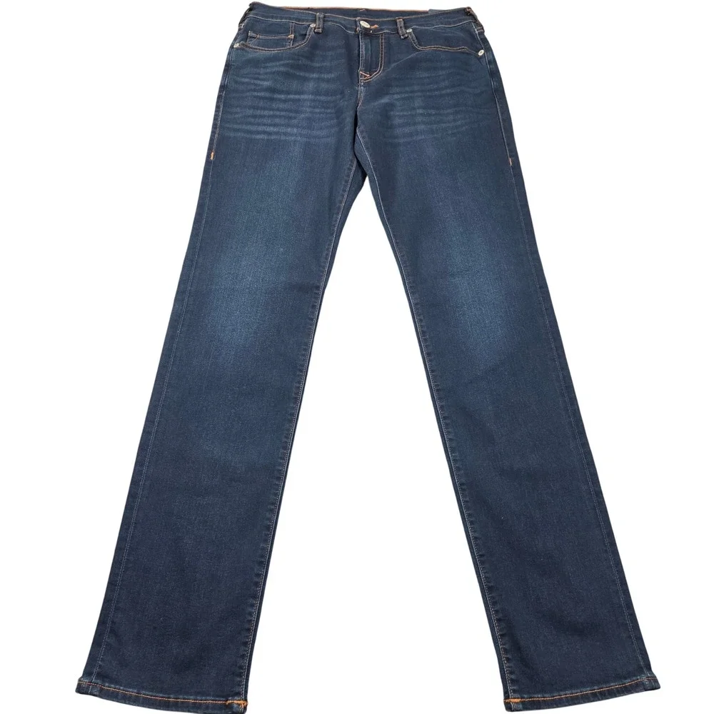 True Religion Rocco Jeans 29 Blue Relaxed Skinny Dark Indigo Orange Stitch MR019